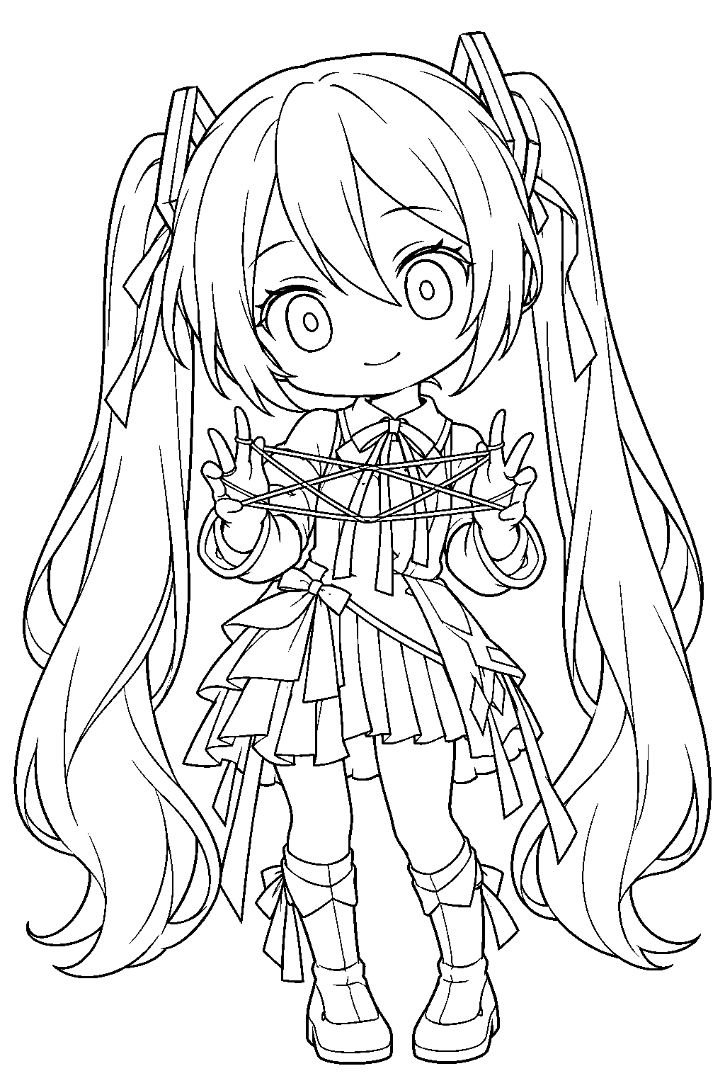 chibi hatsune miku in her project sekai empty outfit playing cat s cradle with string line art