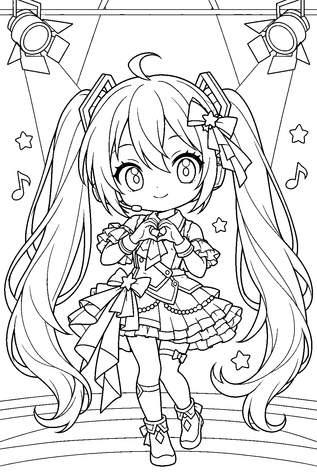 chibi hatsune miku in her project sekai stage outfit making a heart gesture beneath idol spotlights line art
