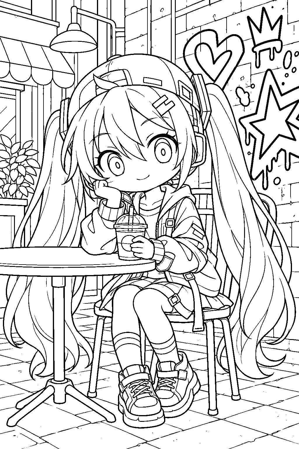 chibi hatsune miku in her project sekai street outfit sitting at a cafe table beside graffiti covered walls line art