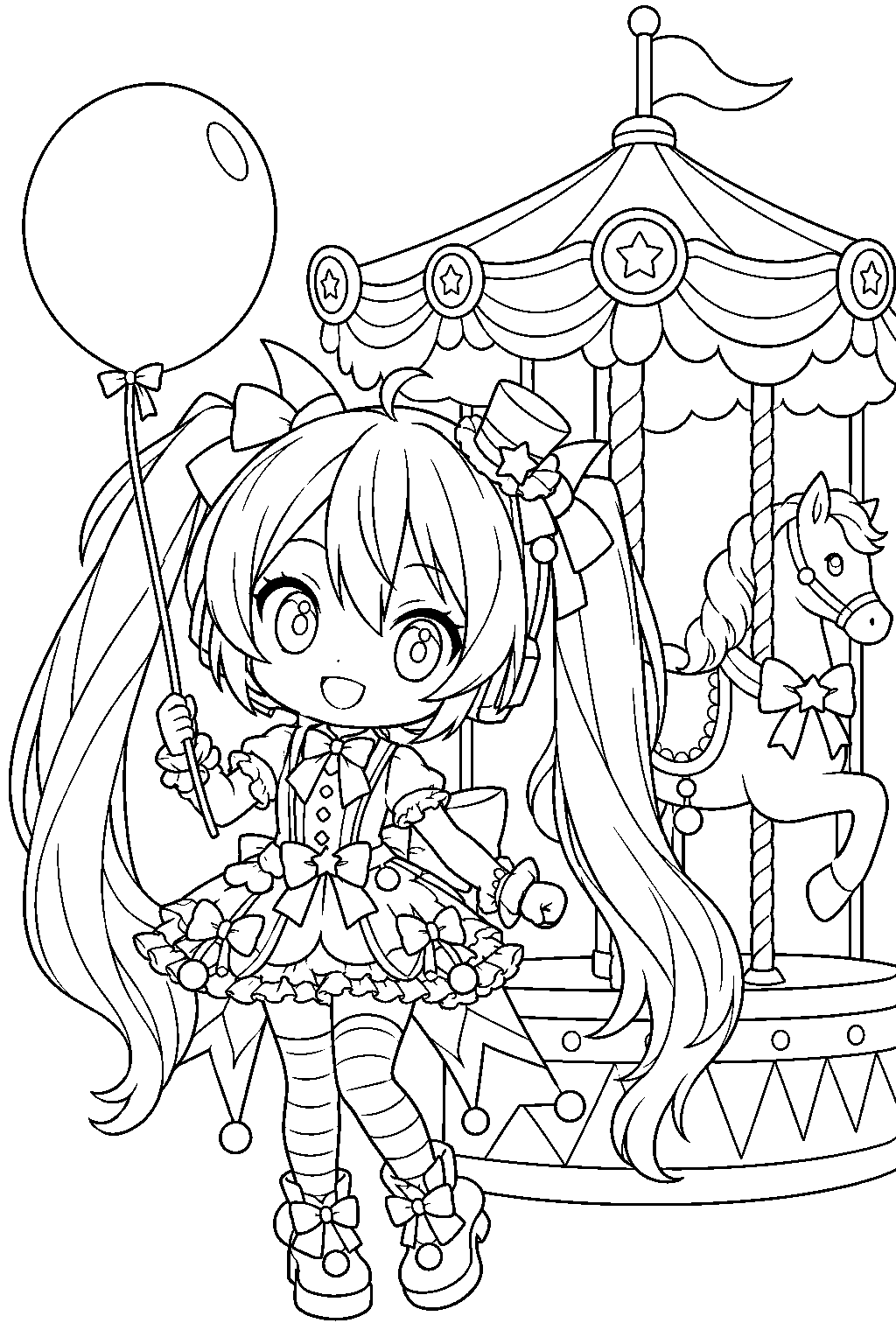 chibi hatsune miku in her project sekai wonderland outfit holding a balloon beside a carousel line art