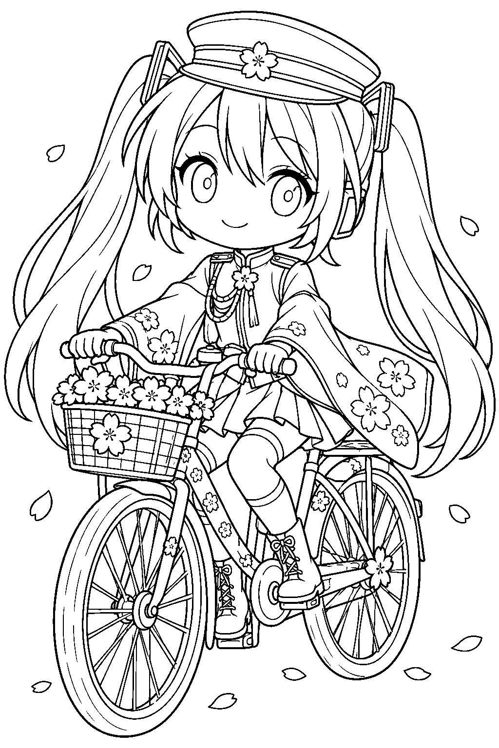 chibi hatsune miku in her senbonzakura outfit riding a cherry blossom decorated bicycle line art