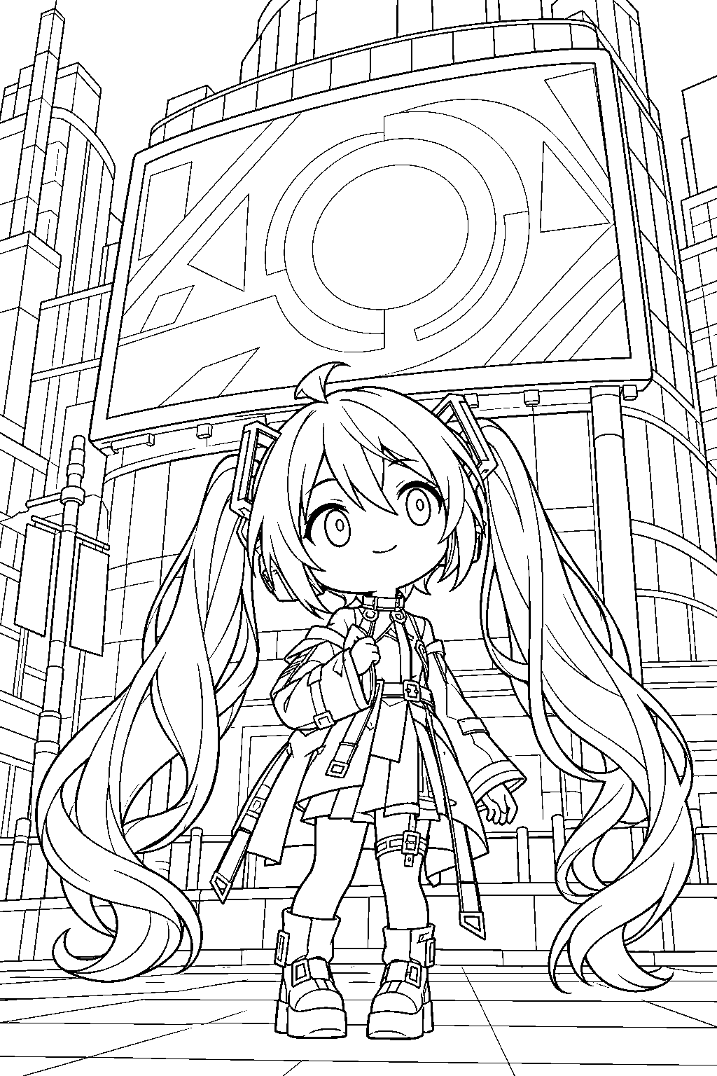 chibi hatsune miku in her shuttered sekai outfit standing beneath a giant city video screen line art