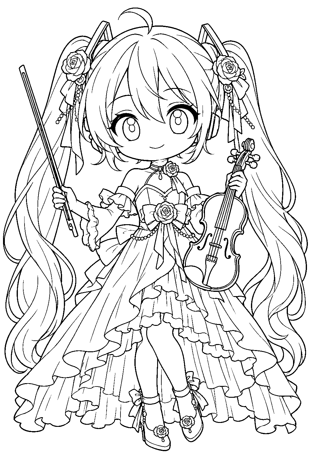 chibi hatsune miku in her symphony 2017 dress holding a violin and bow line art