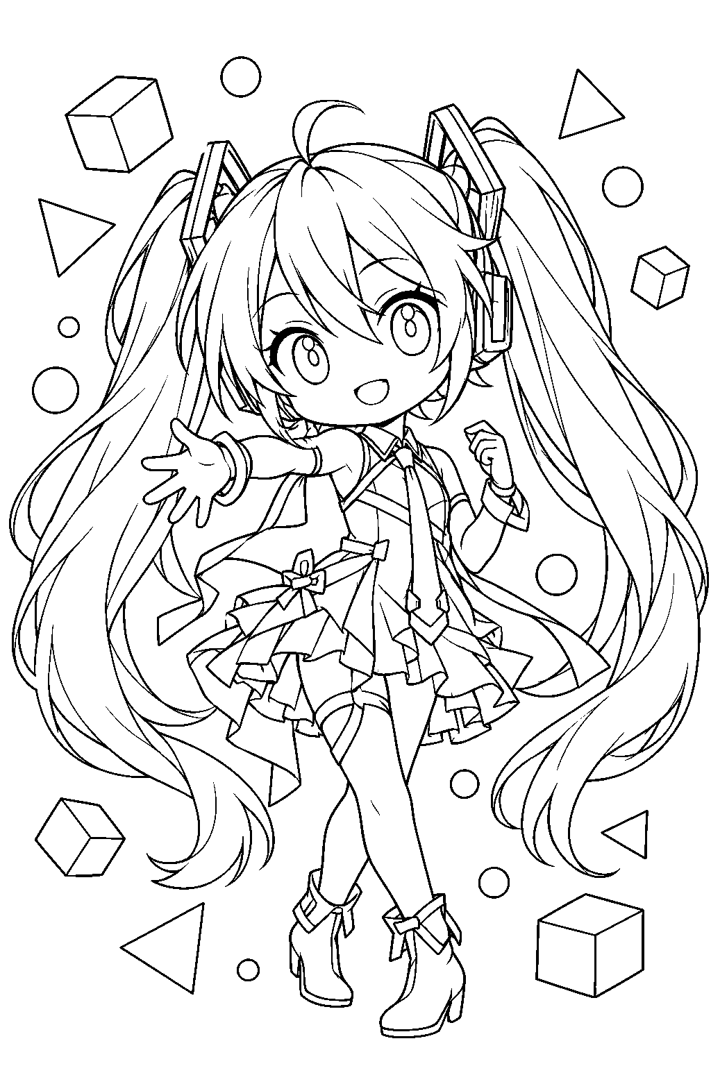chibi hatsune miku in her tell your world outfit surrounded by floating geometric shapes line art
