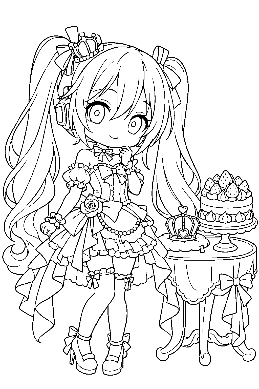 chibi hatsune miku in her world is mine dress beside a crown and strawberry cake line art