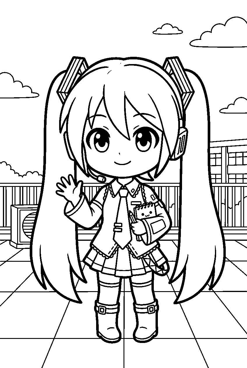 chibi hatsune miku in school rooftop line art