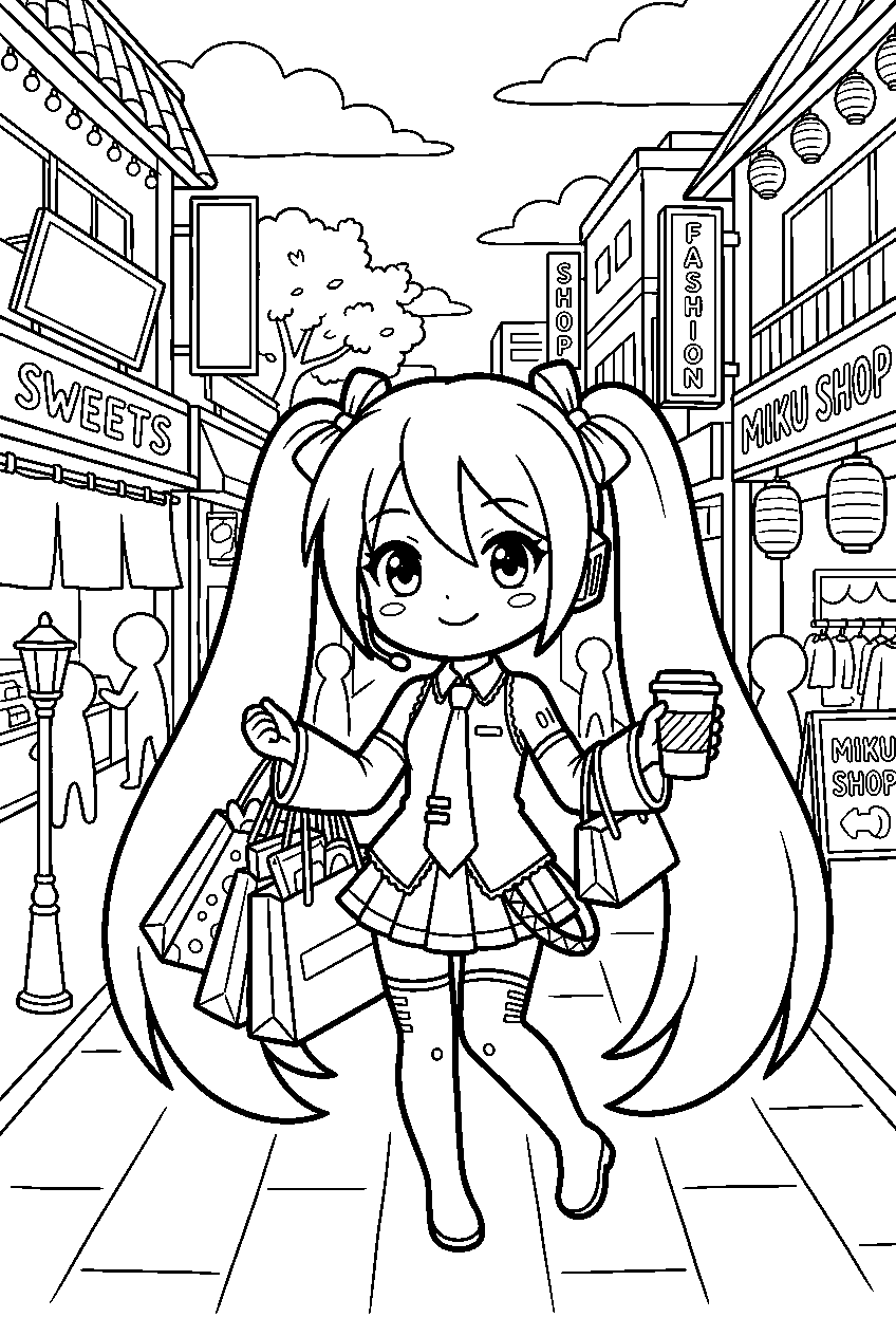 chibi hatsune miku in shopping district line art