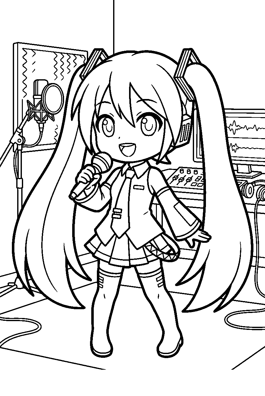 chibi hatsune miku in vocal studio line art