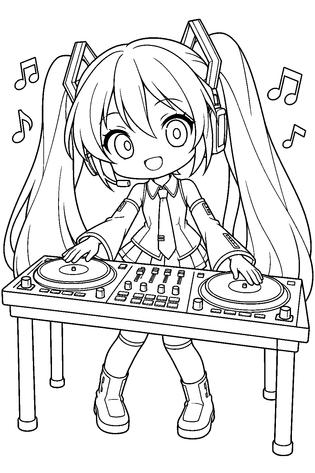 chibi hatsune miku mixing music at a dj turntable line art
