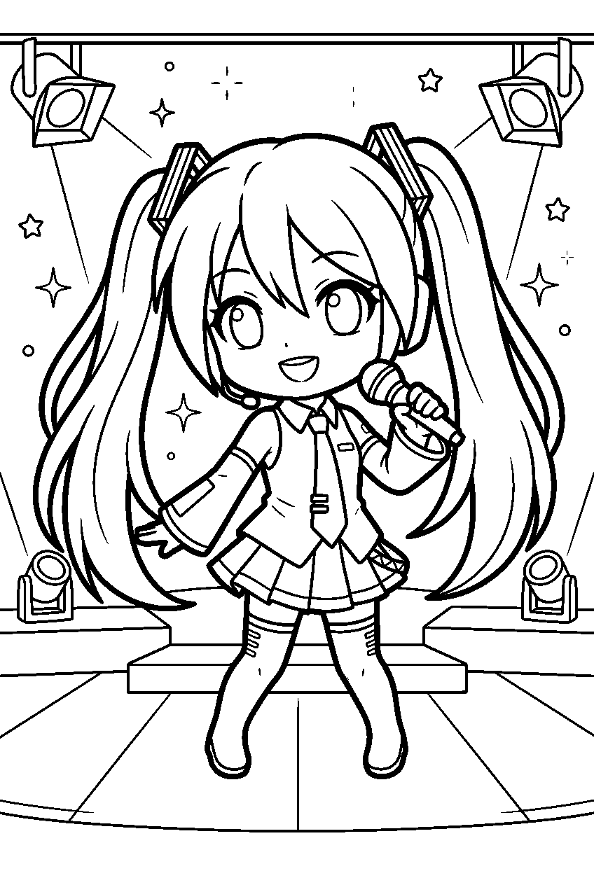 chibi hatsune miku on concert stage line art