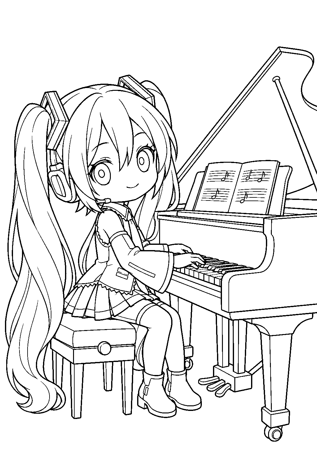 chibi hatsune miku playing a grand piano with sheet music on the stand line art