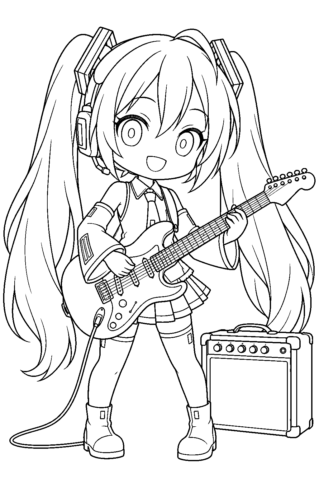 chibi hatsune miku playing an electric guitar beside a stage amplifier line art