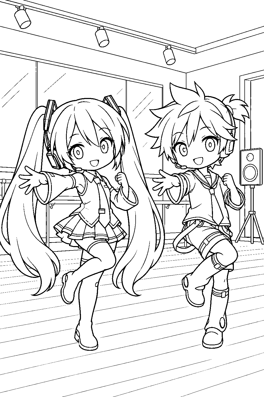 chibi hatsune miku practicing a dance routine with kagamine len in a rehearsal room line art