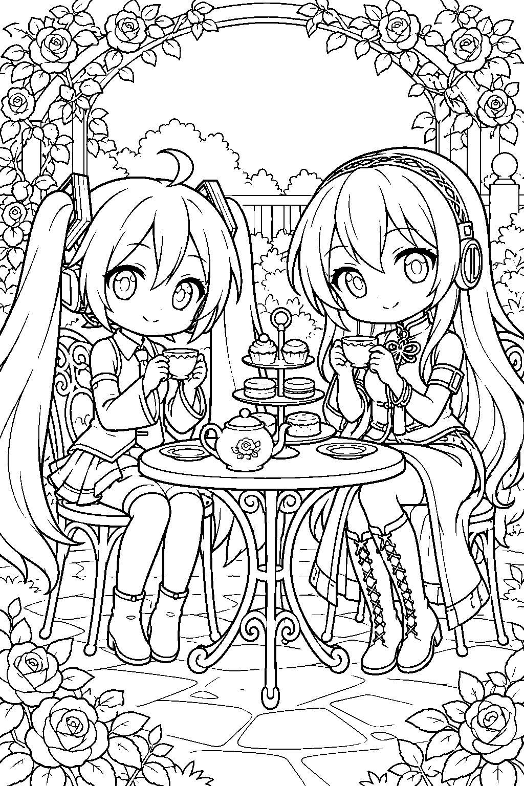 chibi hatsune miku sharing afternoon tea with megurine luka beside a garden table line art