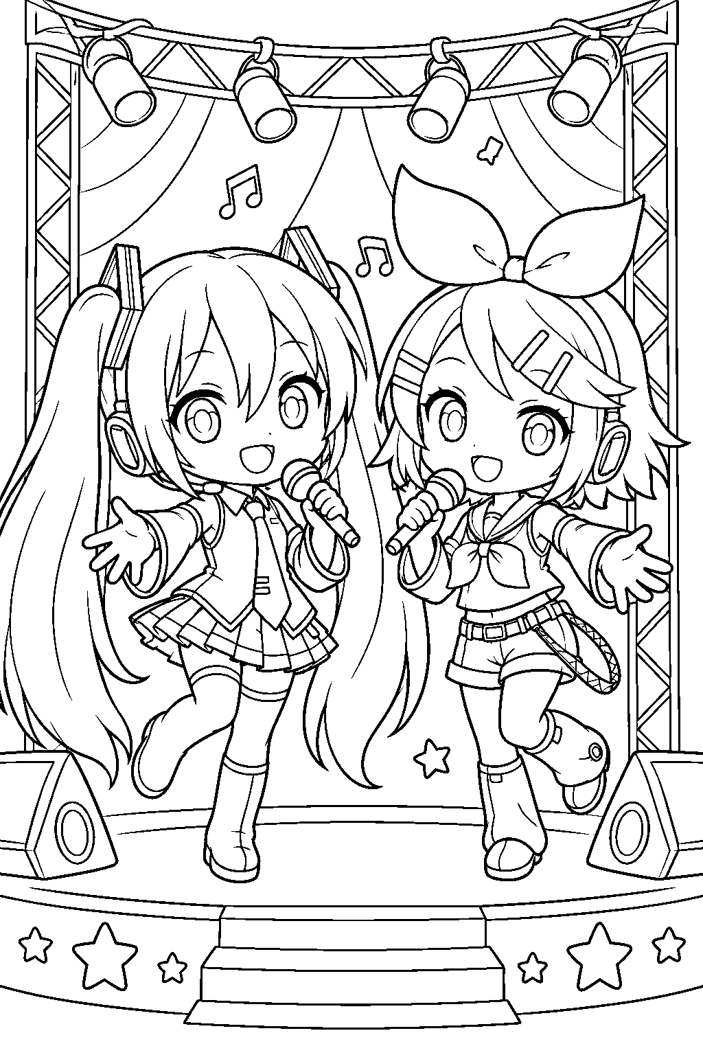 chibi hatsune miku singing a duet with kagamine rin on a small stage line art