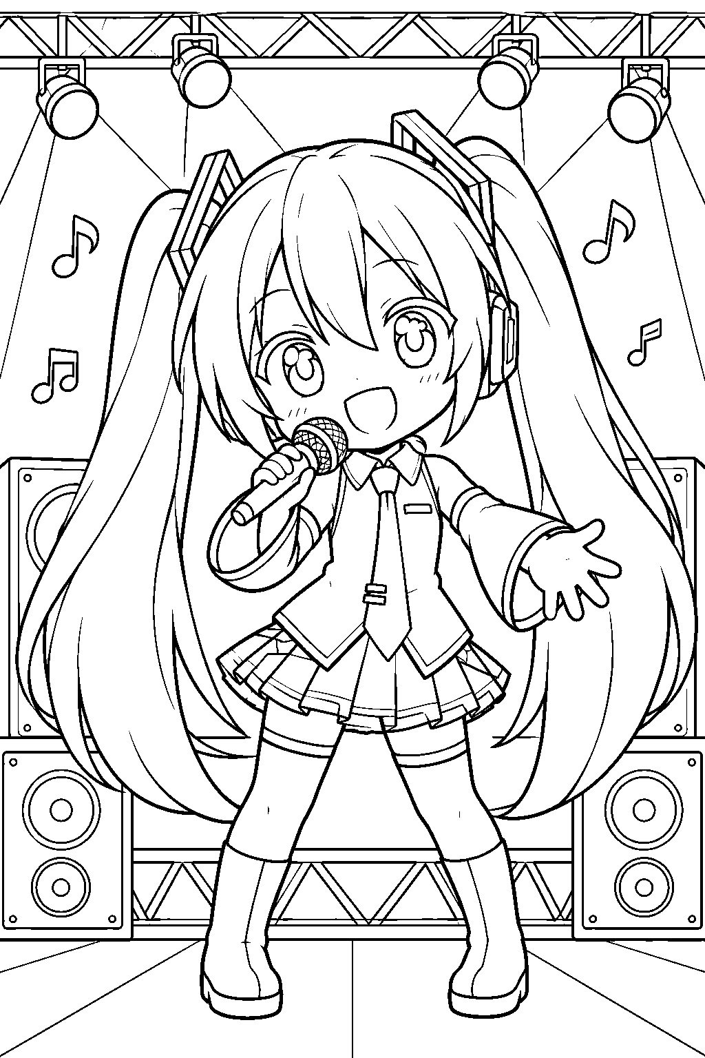 chibi hatsune miku singing into a microphone on a concert stage line art