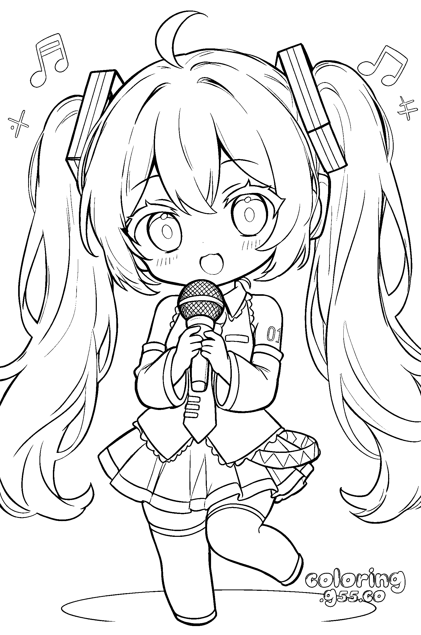 chibi hatsune miku singing microphone kawaii line art for kids