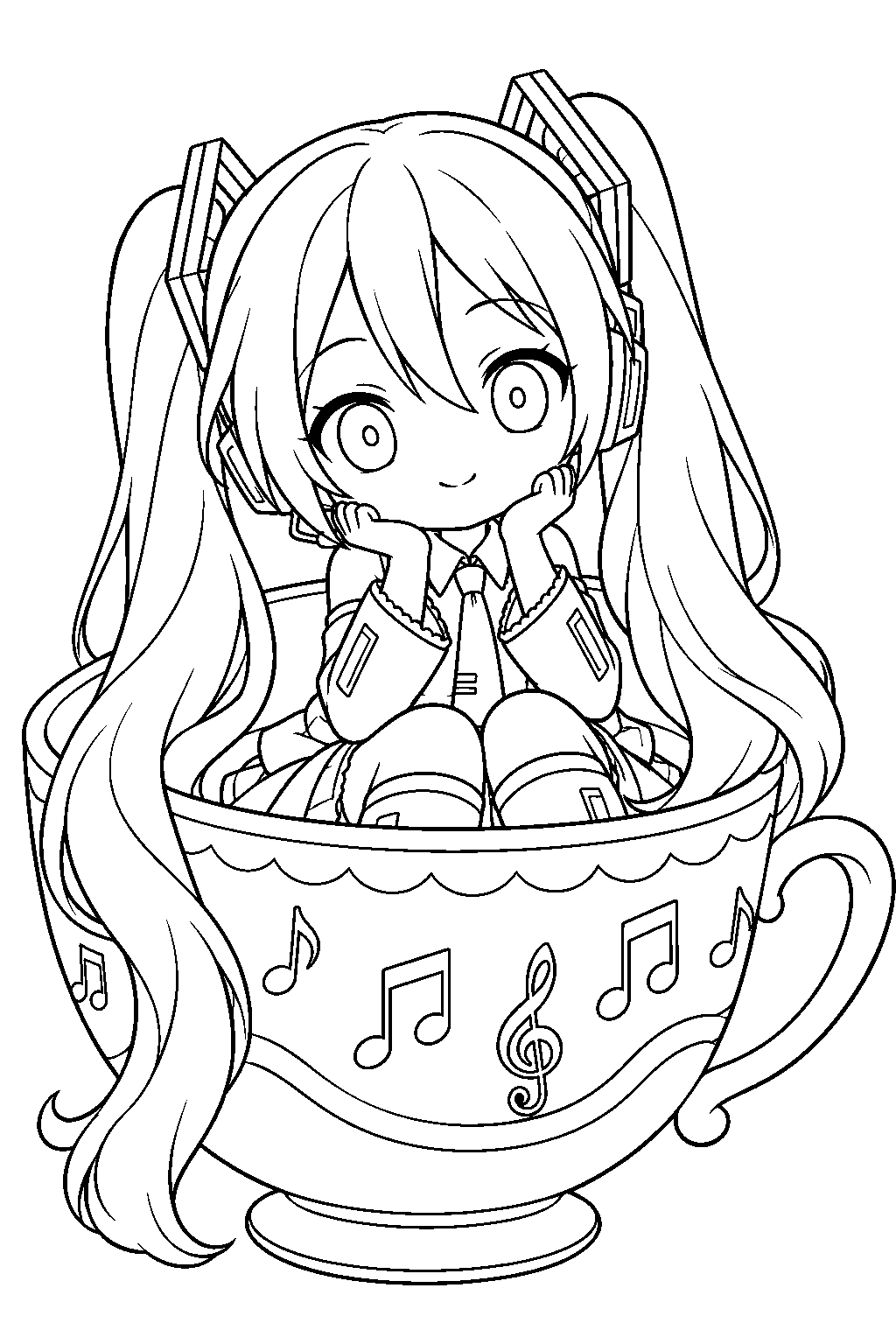 chibi hatsune miku sitting inside a teacup decorated with musical notes line art