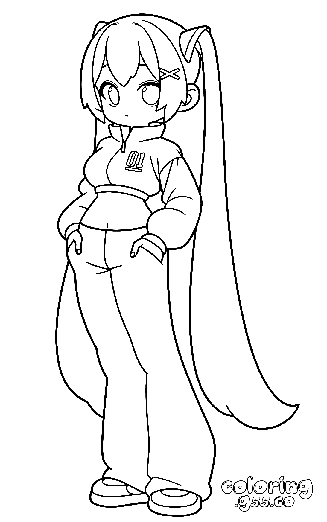 chibi hatsune miku sporty tracksuit baggy pants line art anime for kids