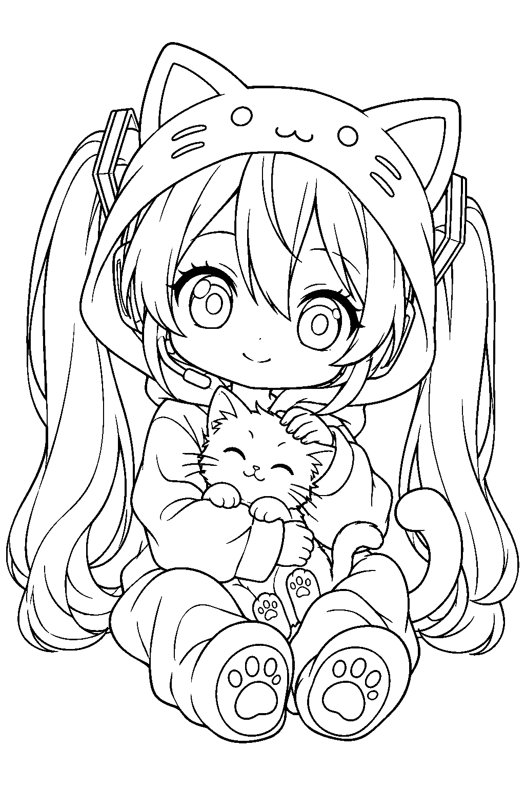 chibi hatsune miku wearing a cat onesie and cuddling a kitten line art