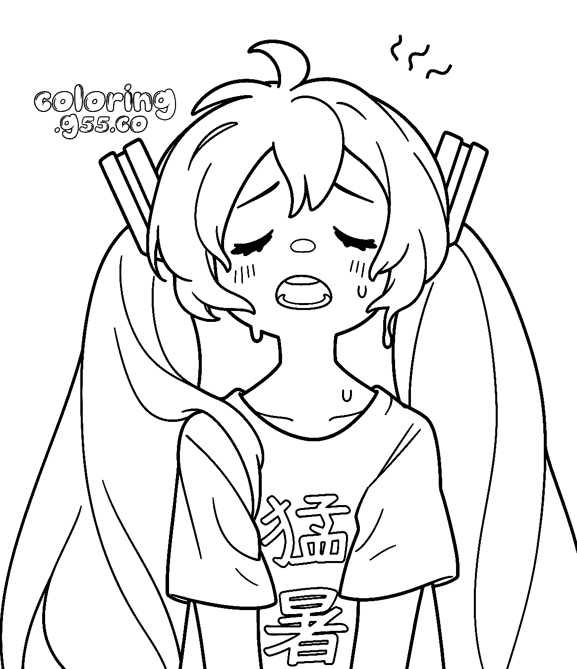 exhausted chibi sweating hatsune miku hot summer t shirt line art anime for kids