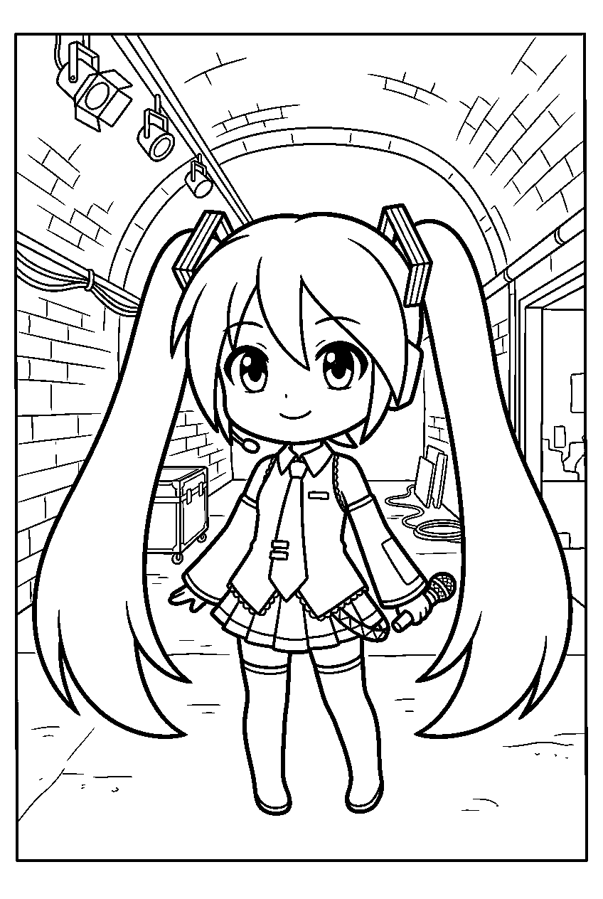 hatsune miku chibi in concert backstage tunnel line art