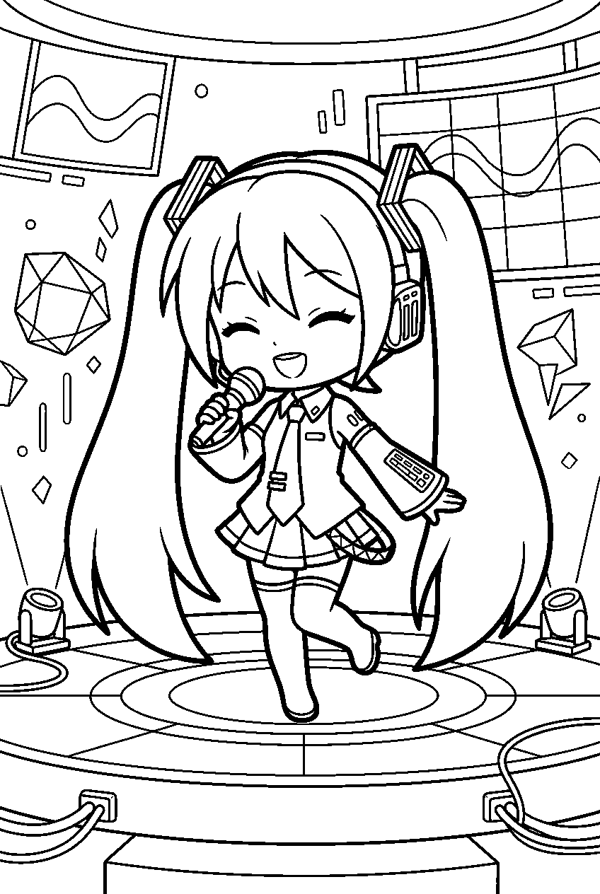 hatsune miku chibi in digital concert hall line art