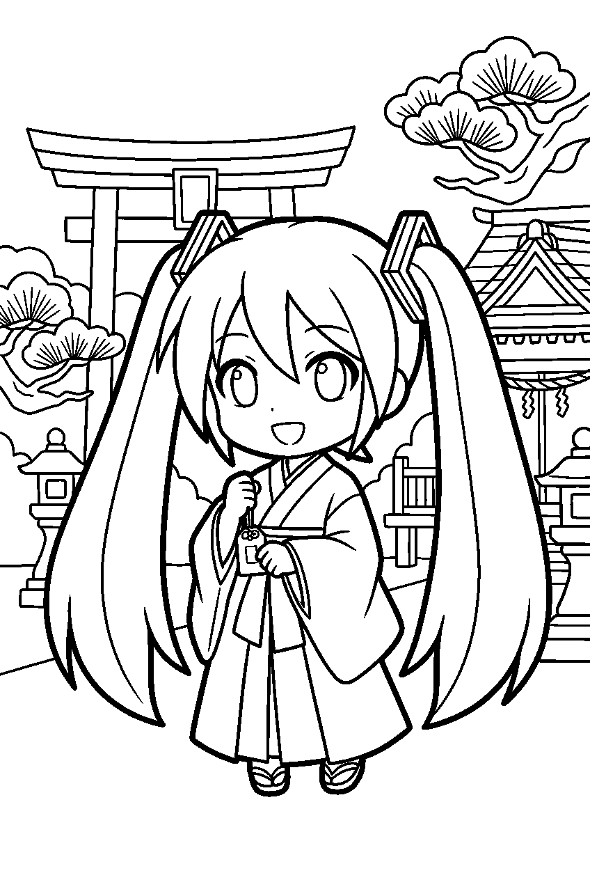 hatsune miku chibi in japanese shrine line art