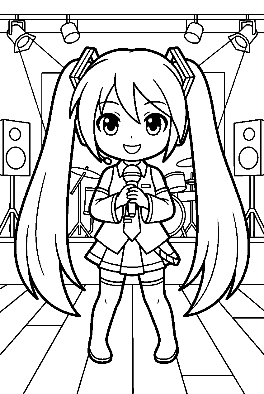 hatsune miku chibi in music venue line art