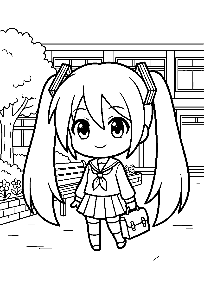 hatsune miku chibi in school courtyard line art