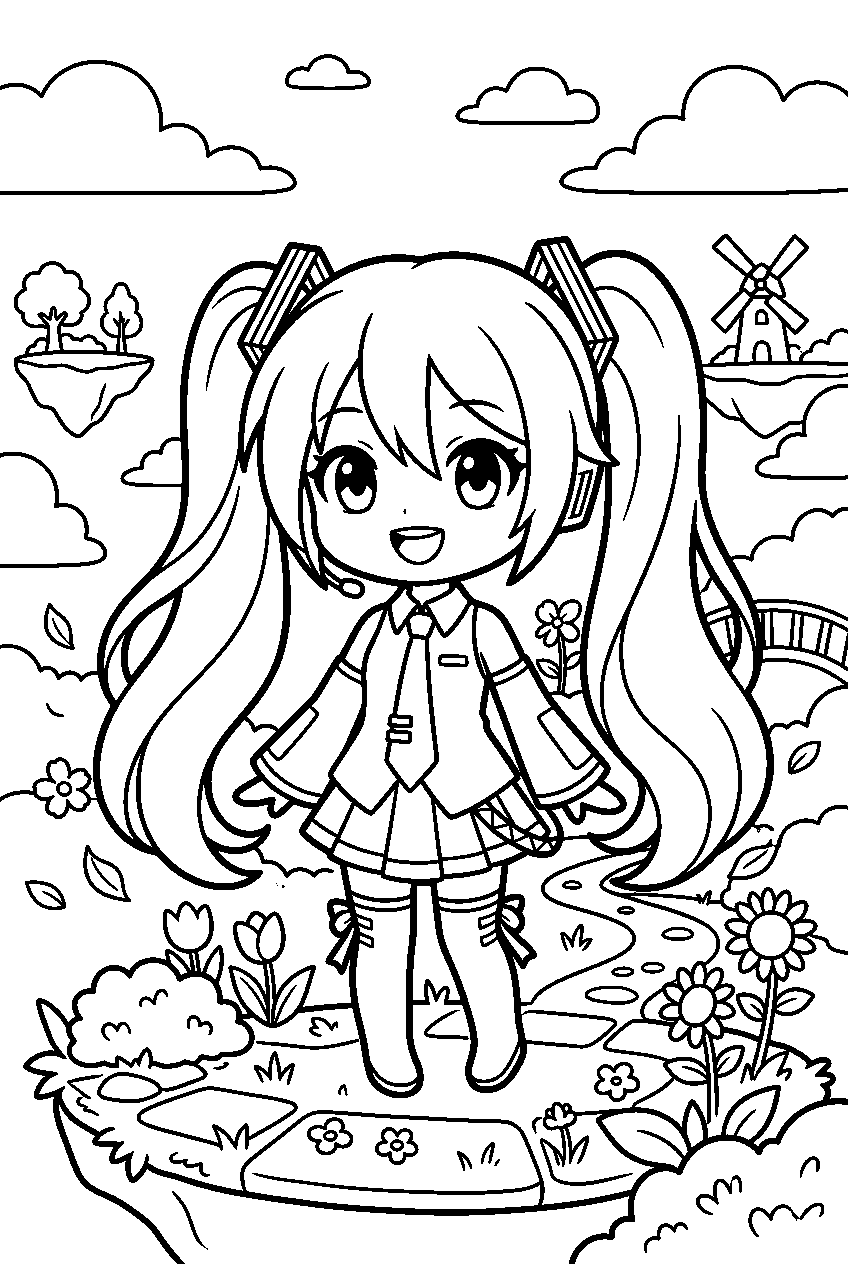 hatsune miku chibi in sky garden line art