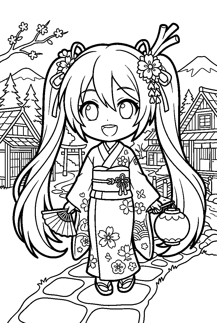hatsune miku chibi in traditional japanese village line art