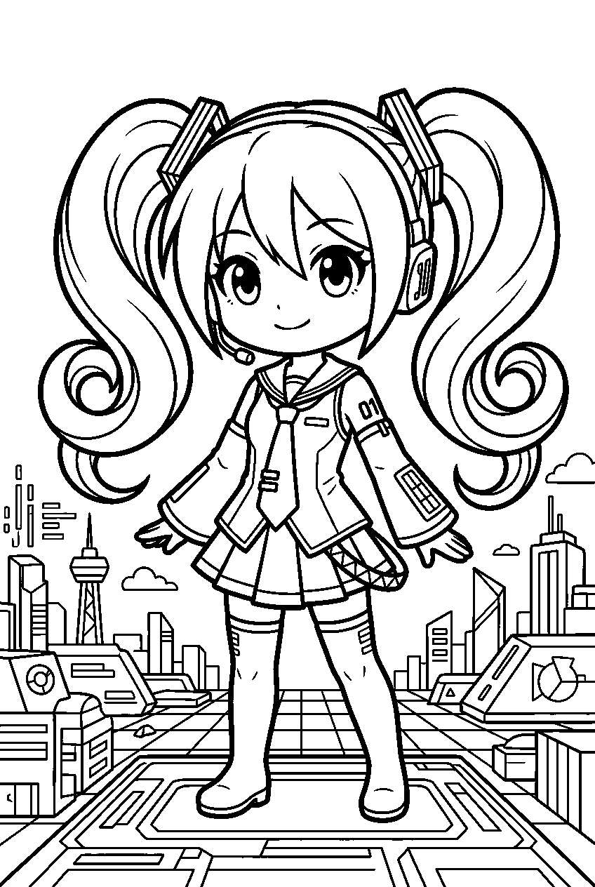hatsune miku chibi in virtual city line art