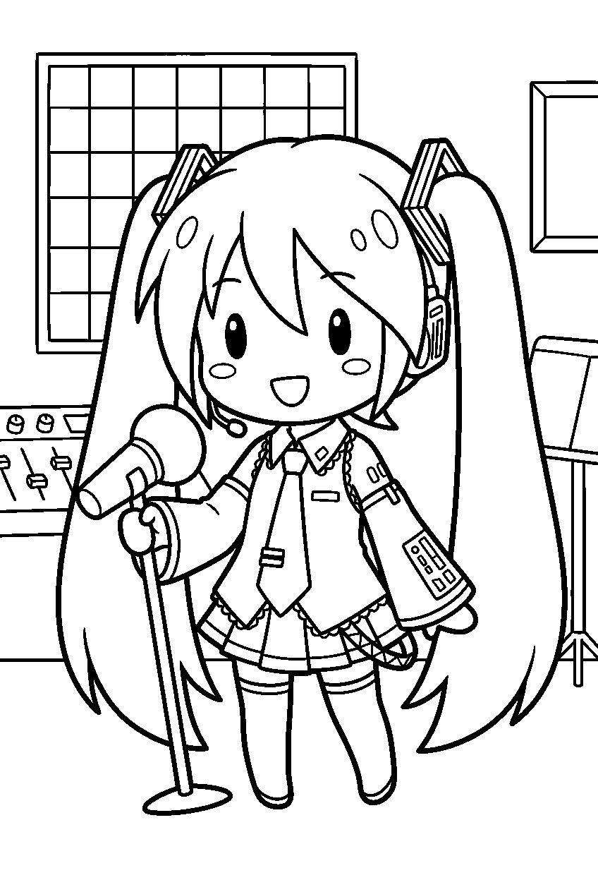 hatsune miku chibi in vocal studio line art