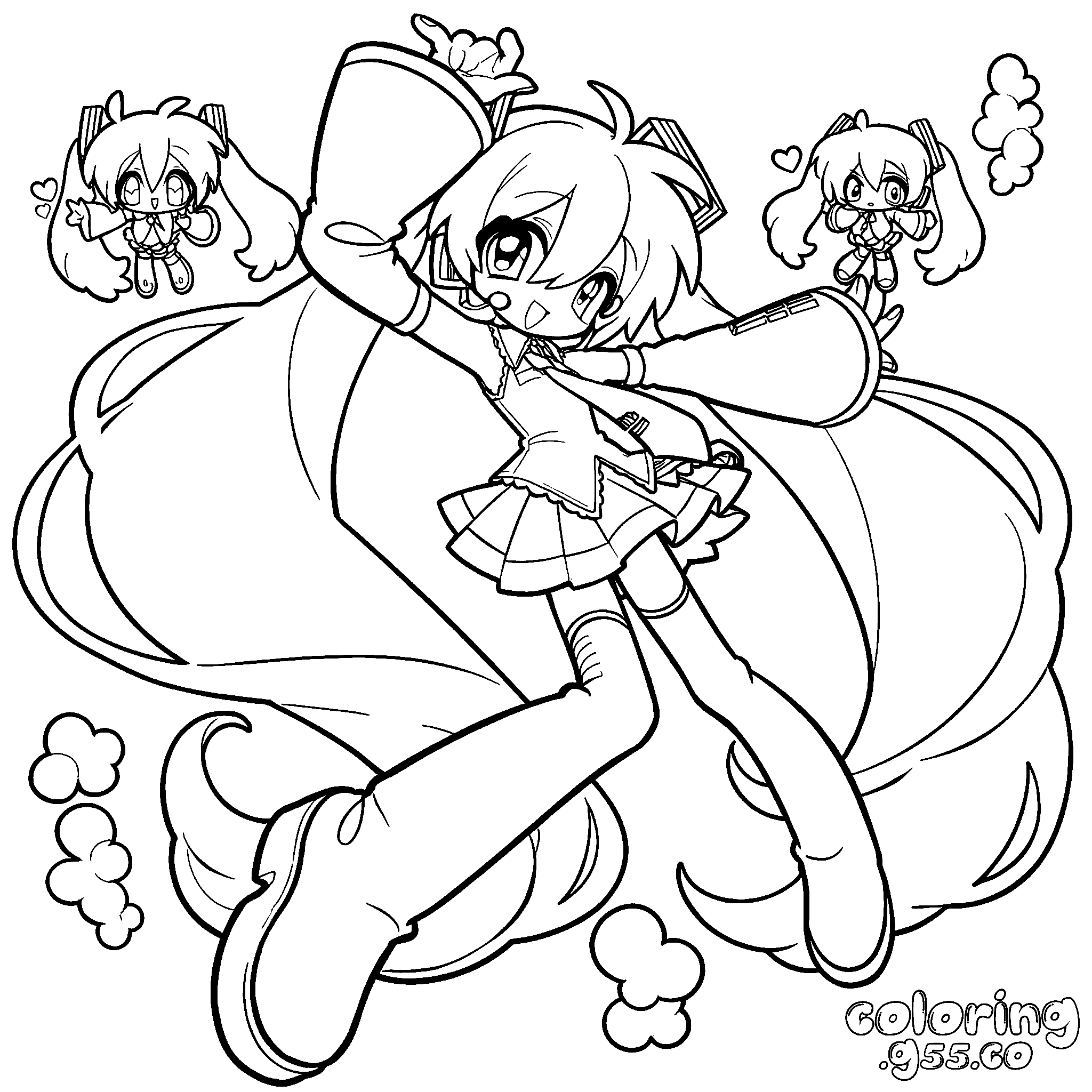 jumping chibi hatsune miku dancing vocaloid floating mini figures line art for kids