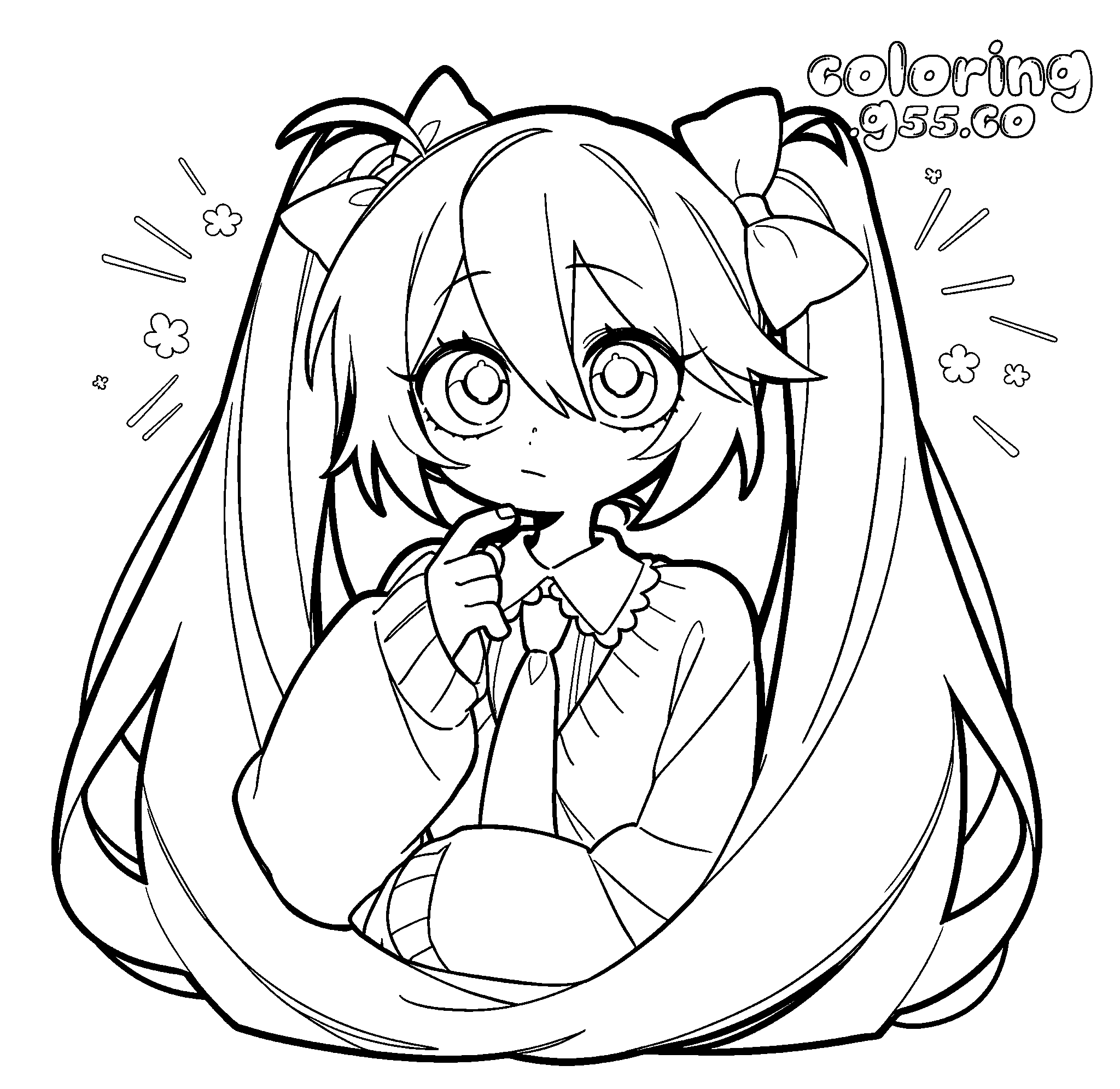 kawaii chibi hatsune miku thoughtful big eyes bows line art for kids
