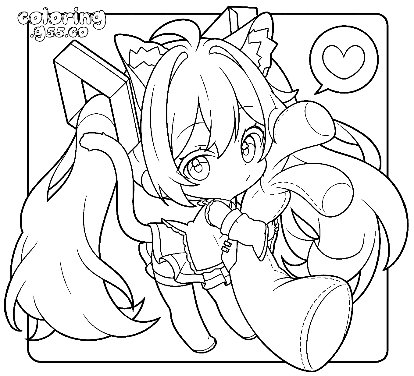 nekomimi chibi hatsune miku cat ears hugging leek line art for kids