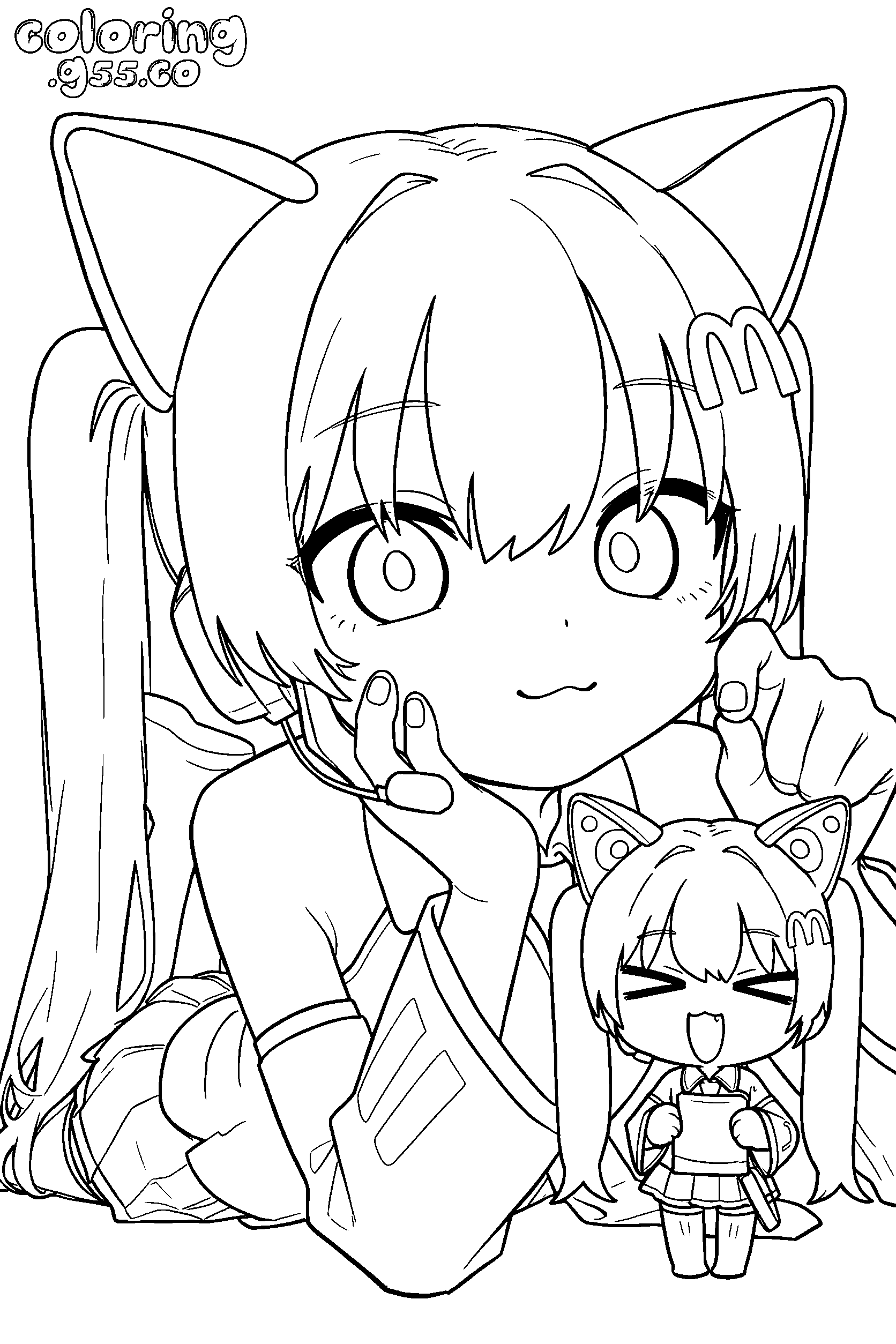 nekomimi hatsune miku cat ears chibi mini plush line art anime for kids