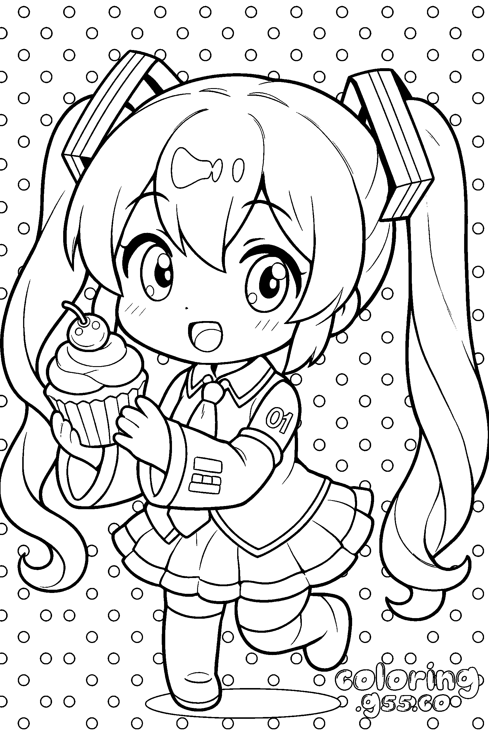 sweet chibi hatsune miku holding cherry cupcake polka dot backdrop line art for kids