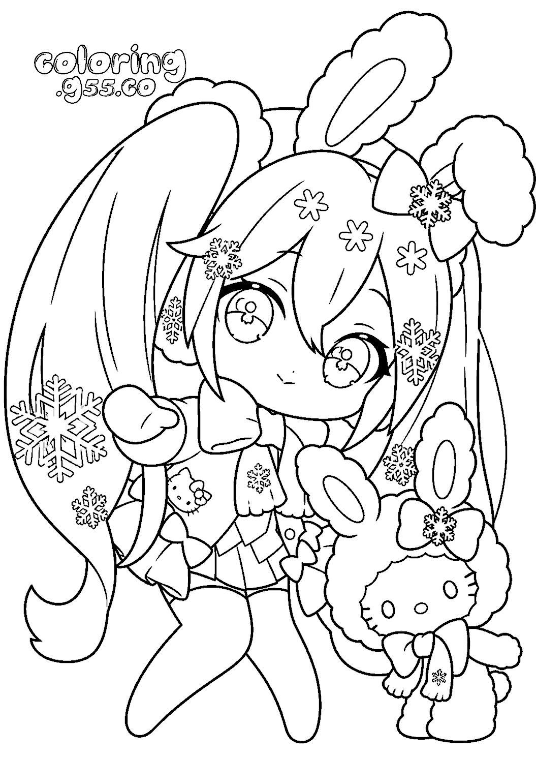 winter snow miku bunny hello kitty chibi line art for kids