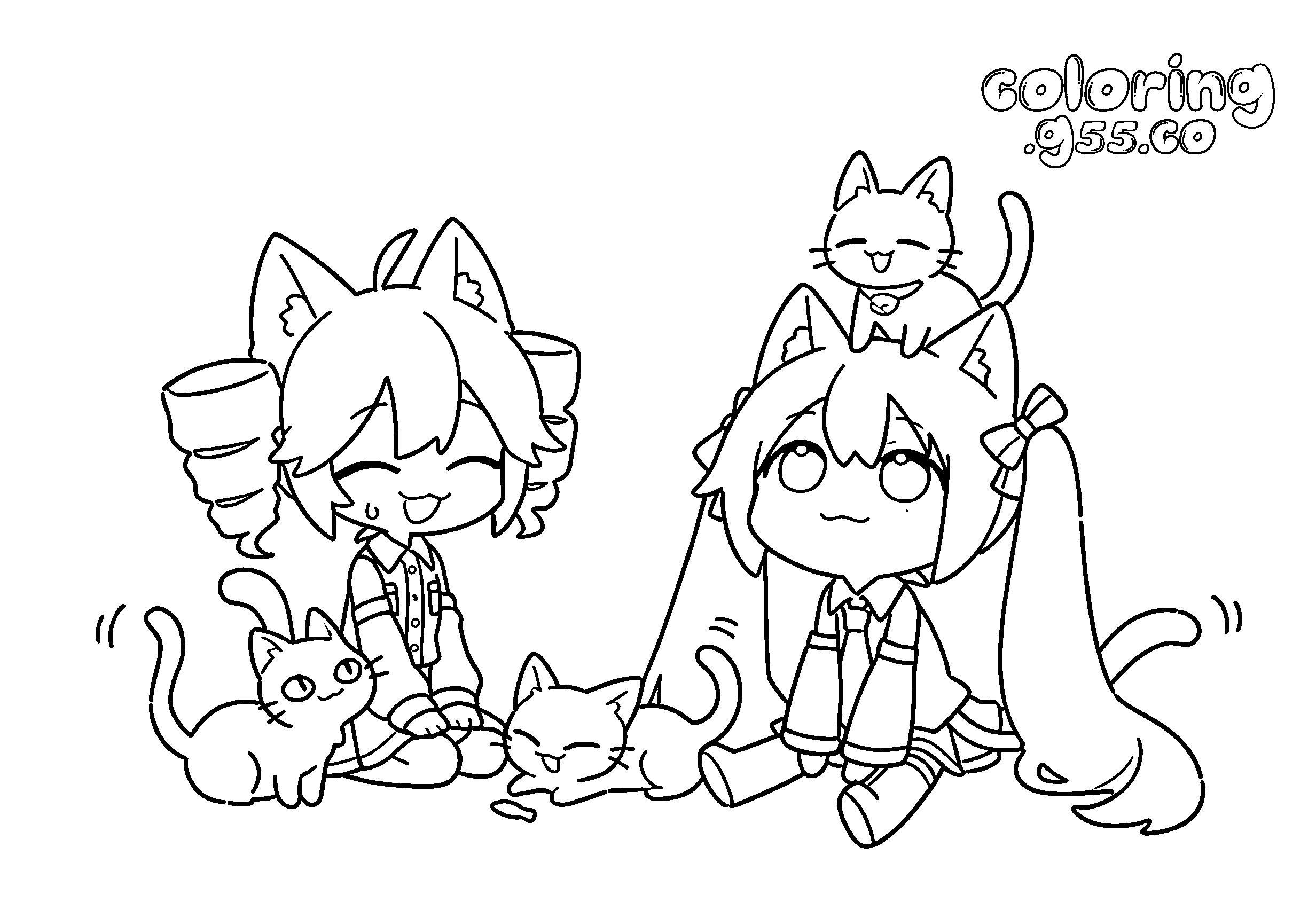 chibi hatsune miku and kasane teto nekomimi cats line art for kids