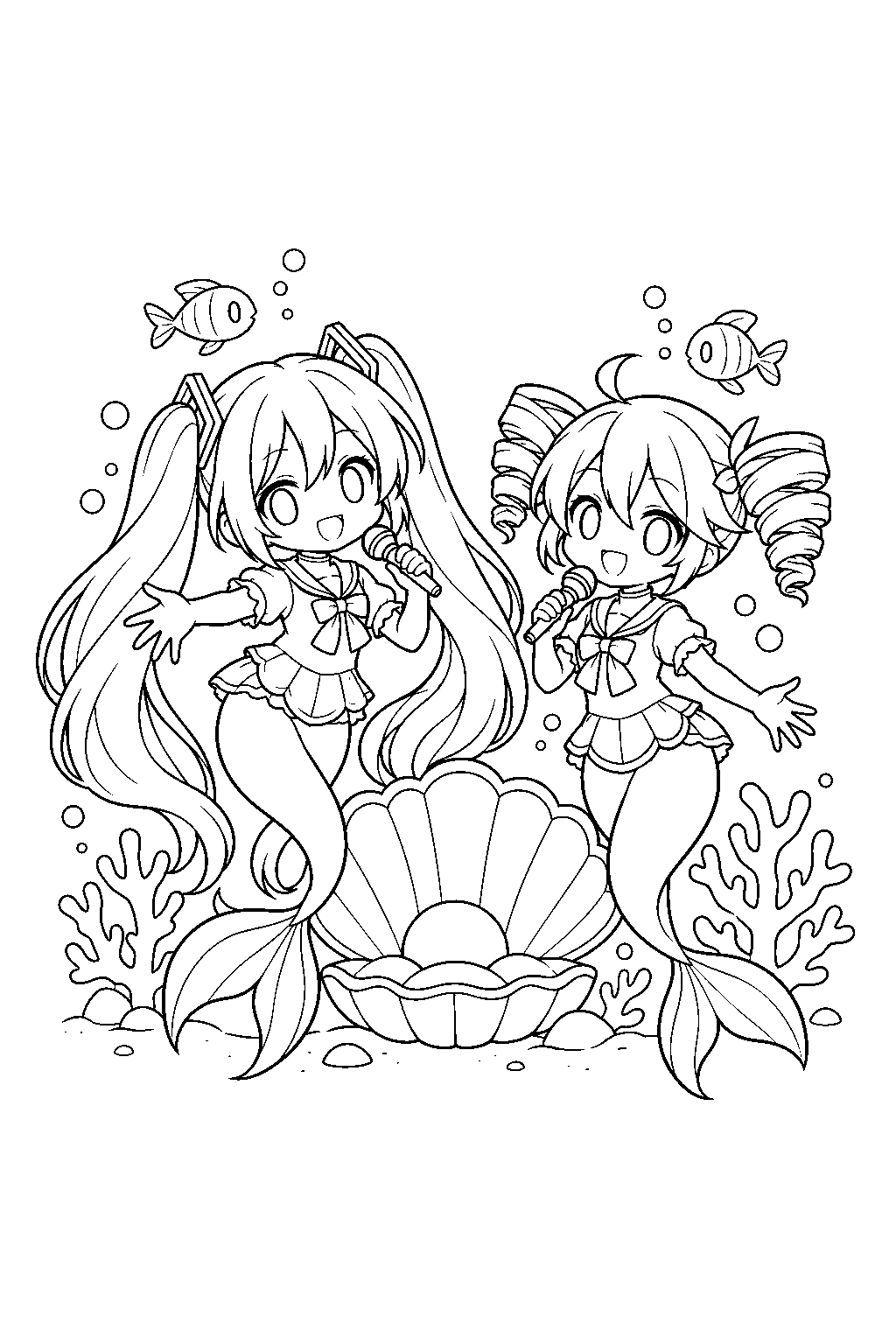 chibi miku and teto as mermaids singing beside a seashell and coral line art