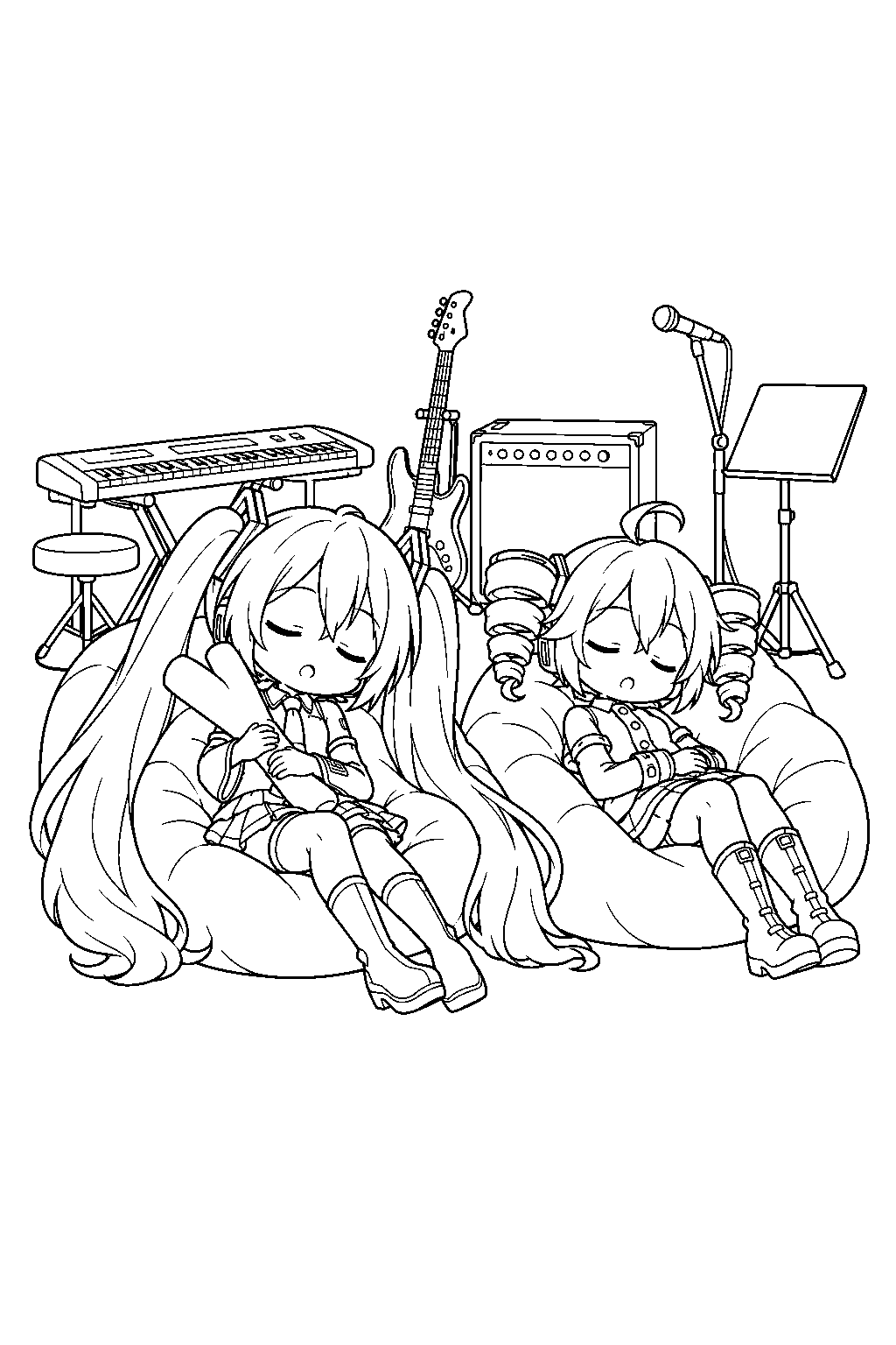 chibi miku and teto asleep on beanbags after a music rehearsal line art