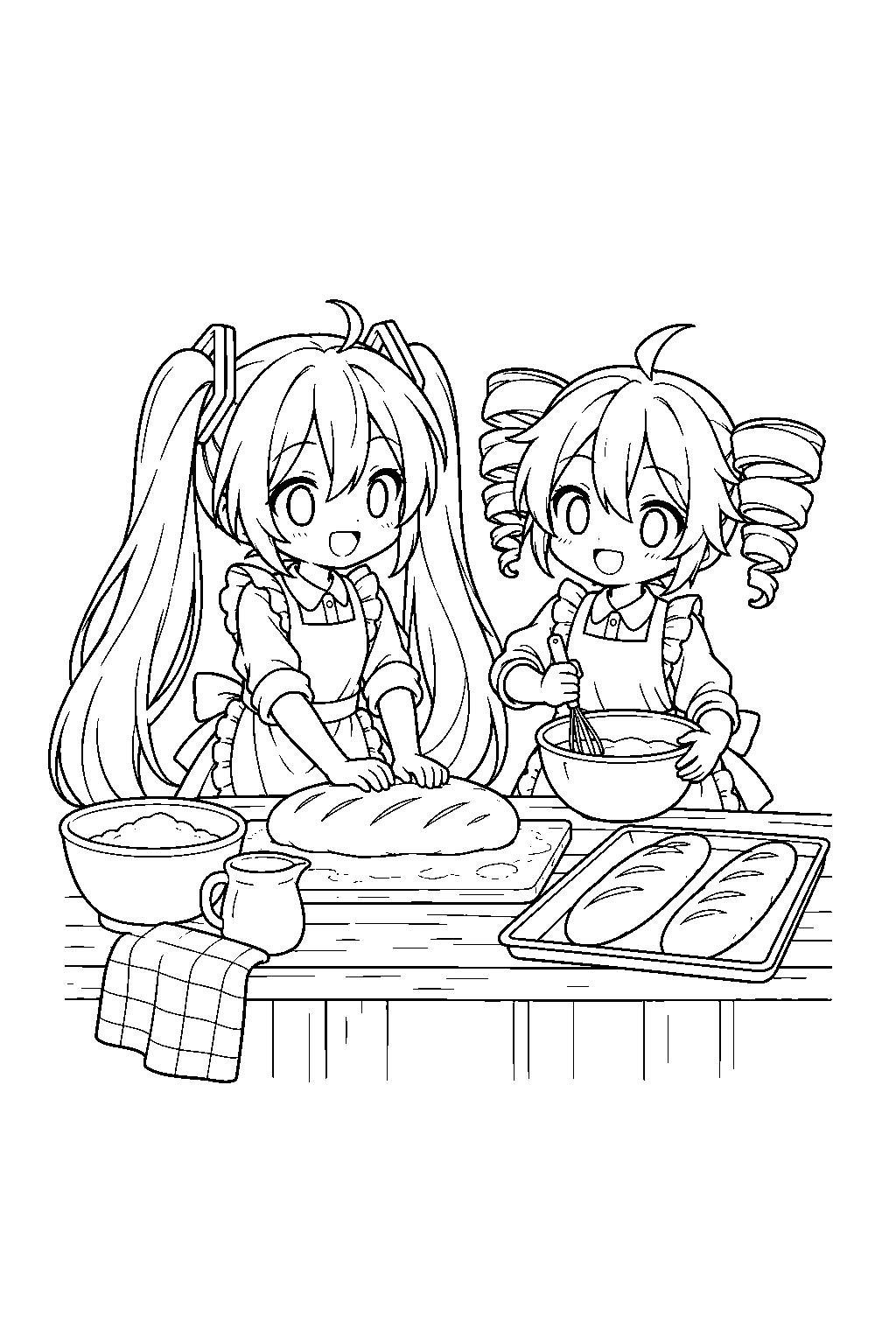 chibi miku and teto baking french bread together in aprons line art