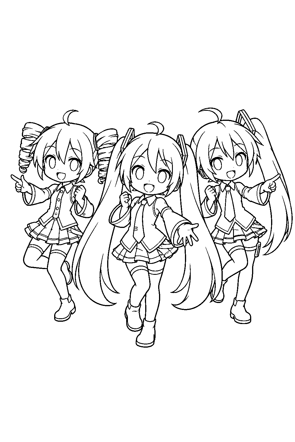 chibi miku and teto dancing with akita neru in triple baka line art