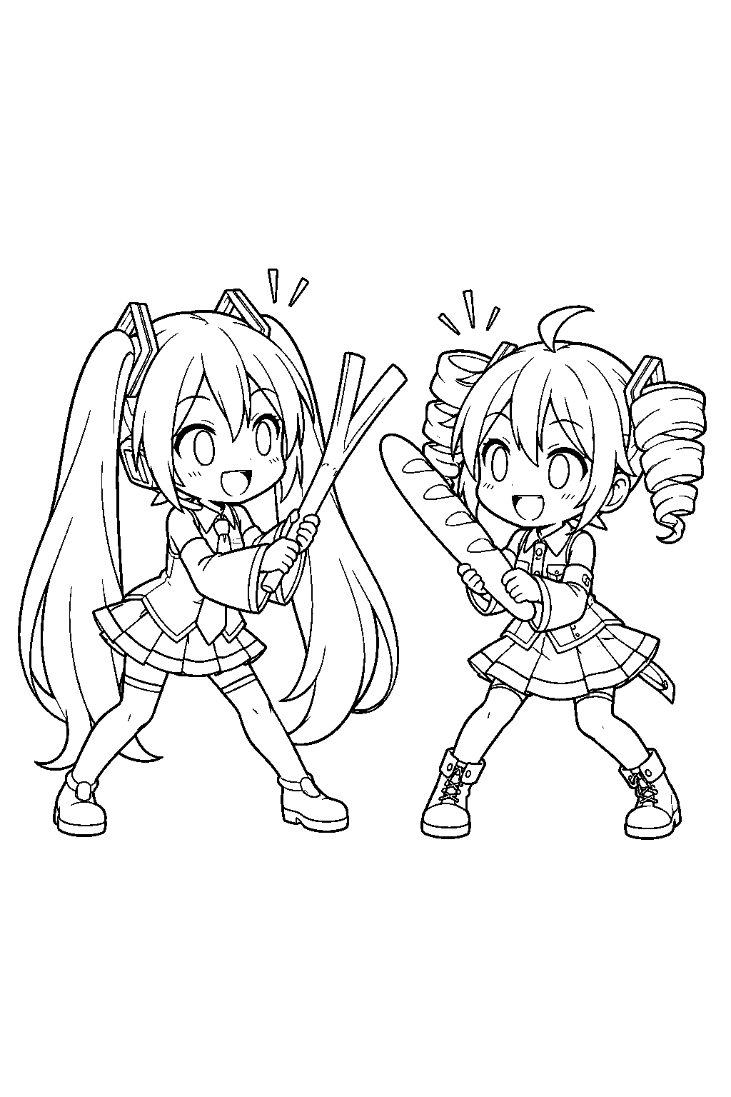 chibi miku and teto having a playful leek and baguette face off line art