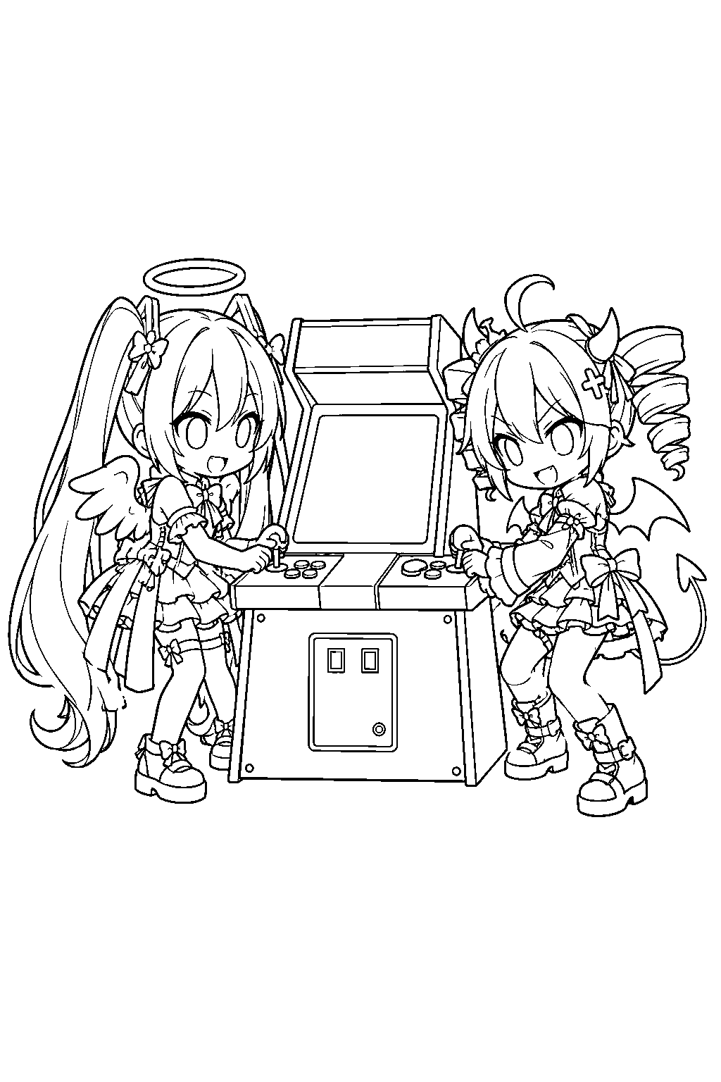 chibi miku and teto in their daidaidaidaidaikirai outfits competing at an arcade game line art