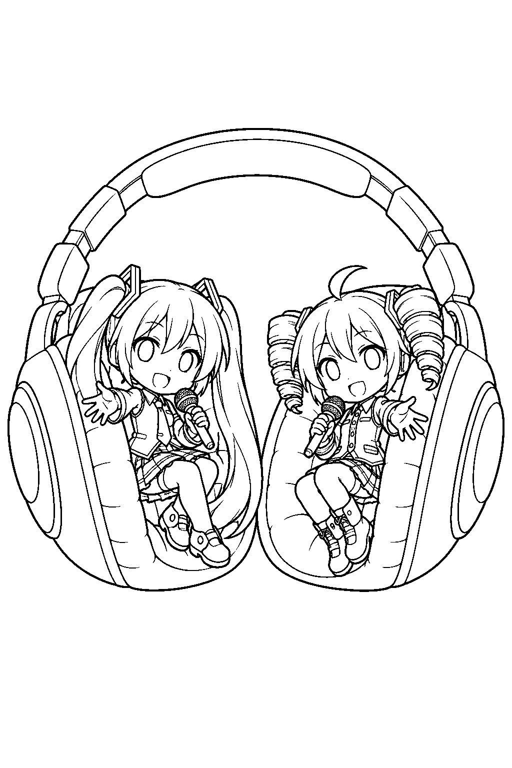 chibi miku and teto singing inside a giant pair of headphones line art