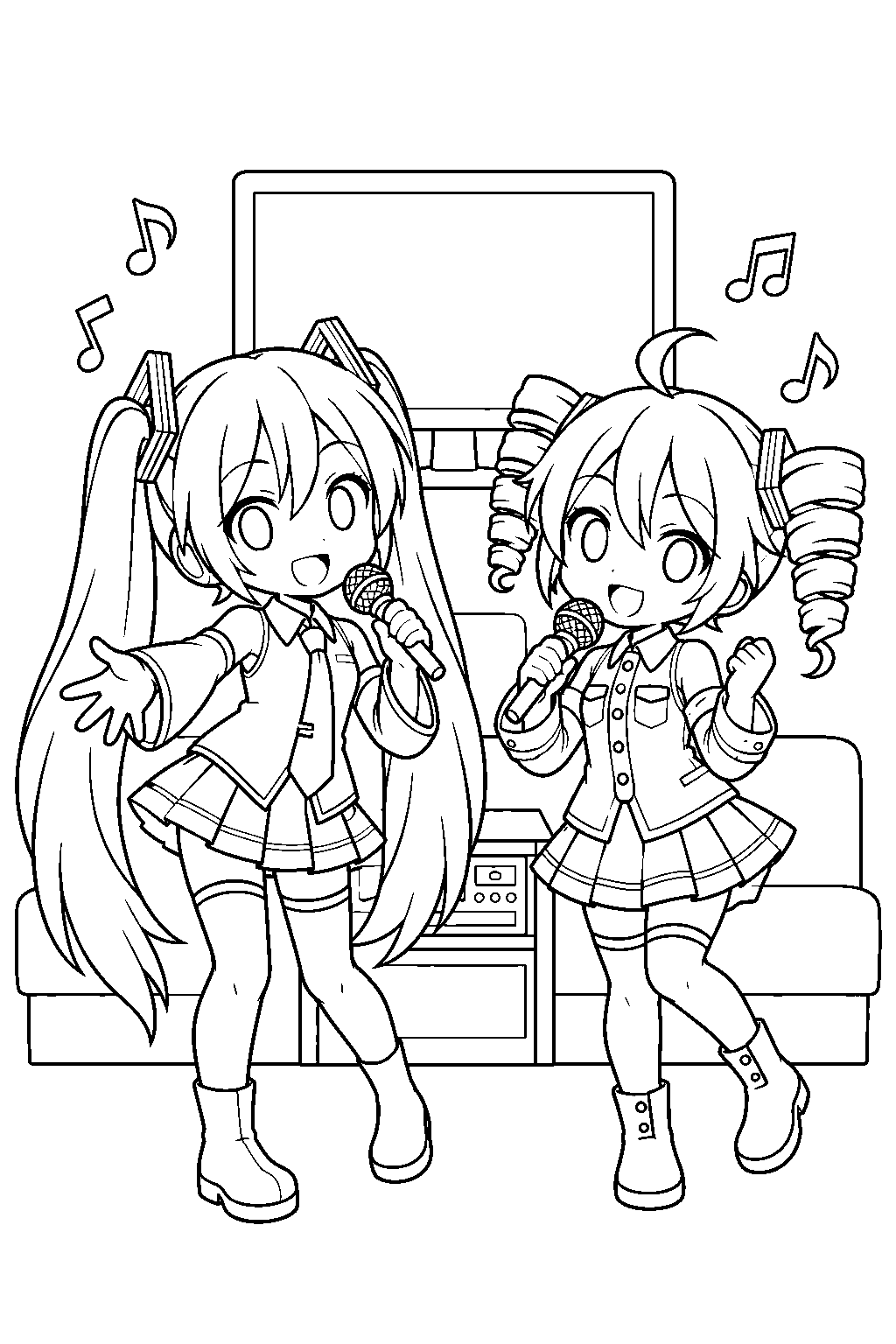 chibi miku and teto singing karaoke beside a screen and a karaoke machine line art