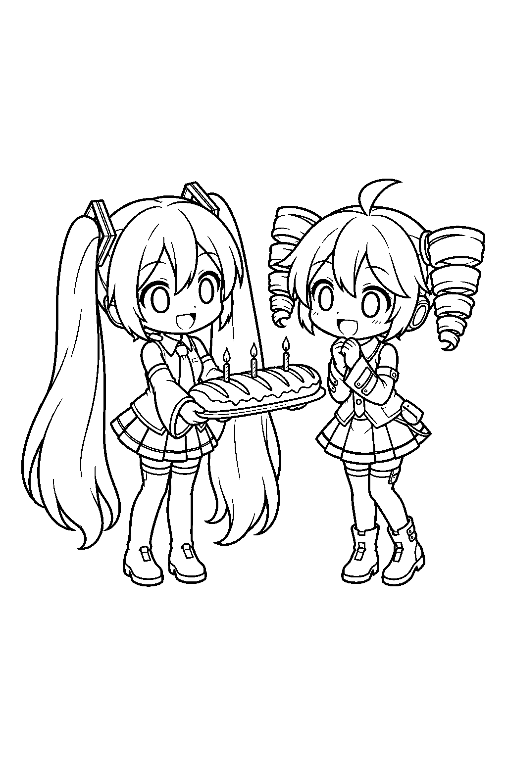 chibi miku celebrating teto s birthday with a baguette shaped cake line art